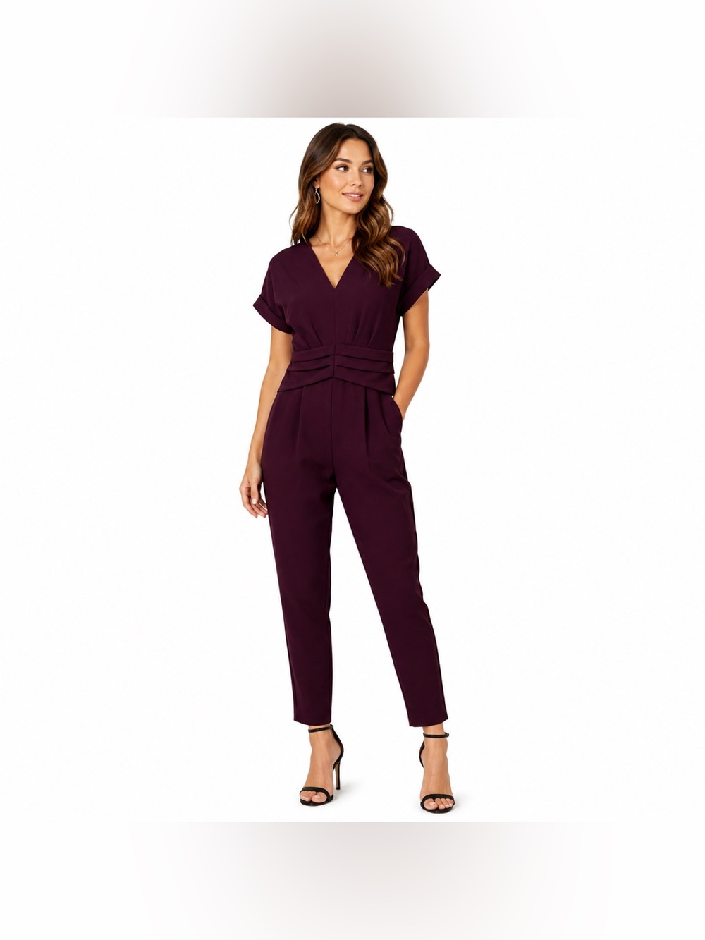 Express Women’s Burgundy Jumpsuit V-Neck Pleated Waist Short Sleeve Tapered Leg